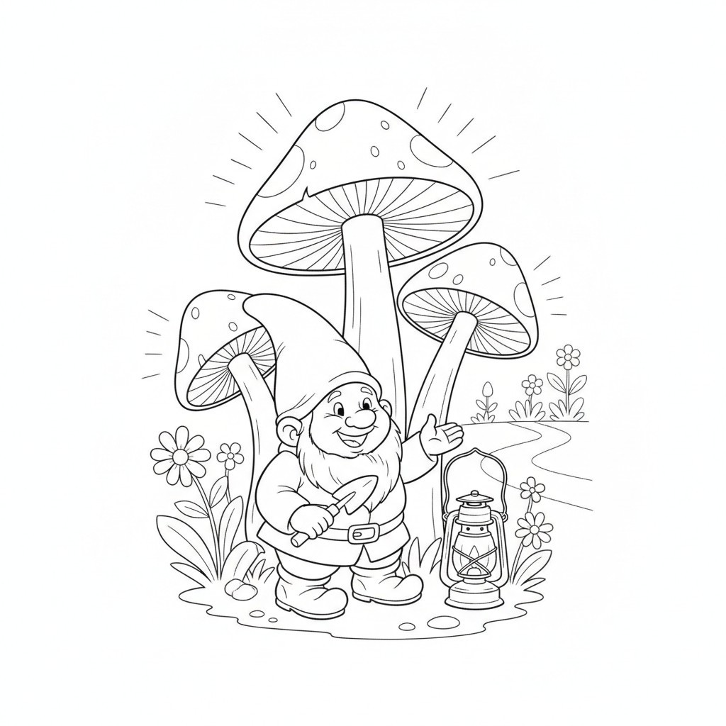 Ein Fröhlicher Gnom in einem Zauberwald — Gnome Ausmalbild — Kostenlos Ausdrucken