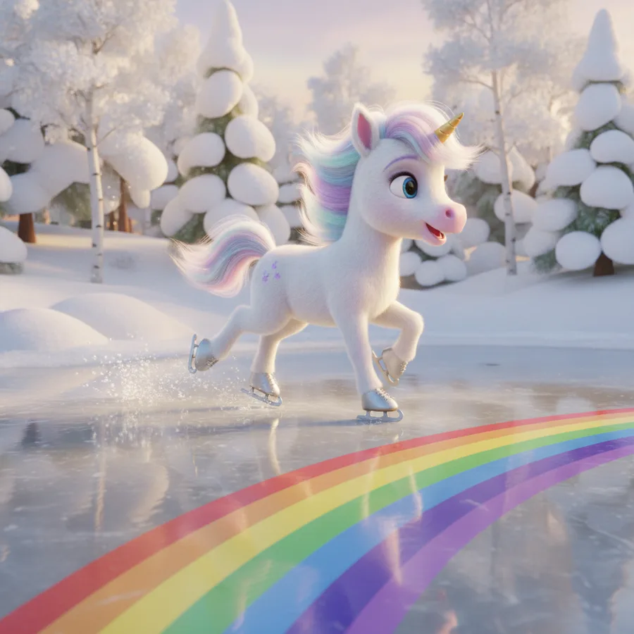 Diese Ausmalbild zeigt ein fröhliches Einhorn beim Schlittschuhlaufen. Einfache Bereiche sind das Einhorn und das Eis, während die Bäume und der Regenbogen detaillierter sind.