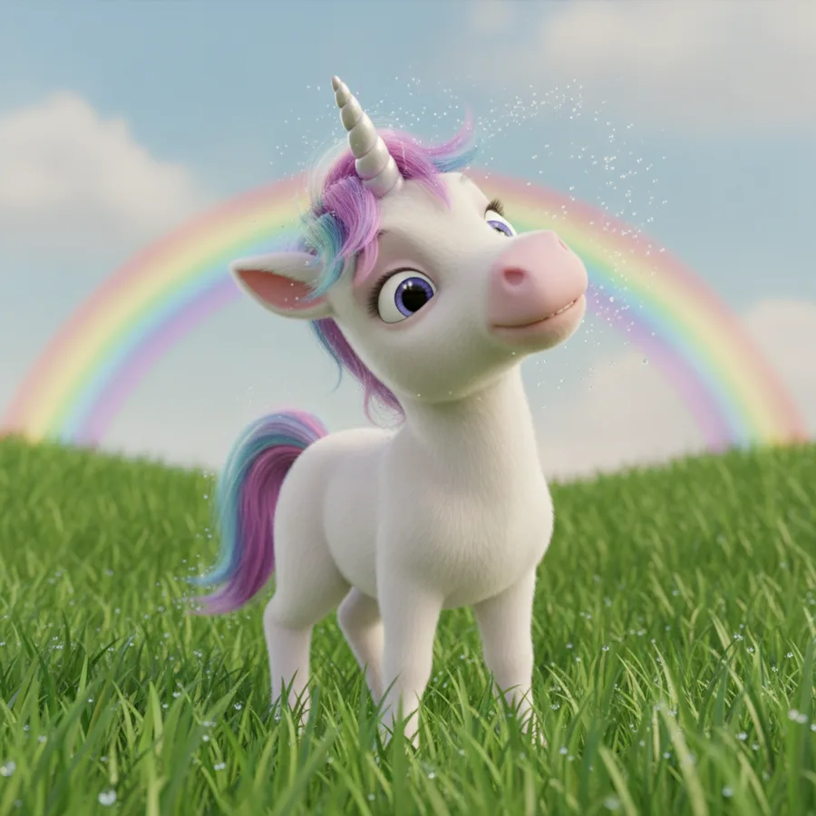 This coloring page features a cute unicorn standing in a lush field, surrounded by a vibrant rainbow. The large areas of the sky and field are easy to color, while the unicorn's mane presents a fun challenge.