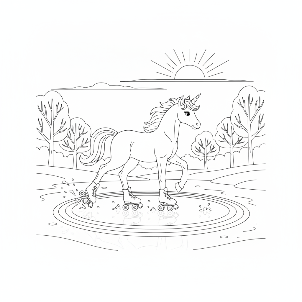 Fröhliches Einhorn Schlittschuhlaufen in einem Winterwunderland — Unicorn Ausmalbild — Kostenlos Ausdrucken