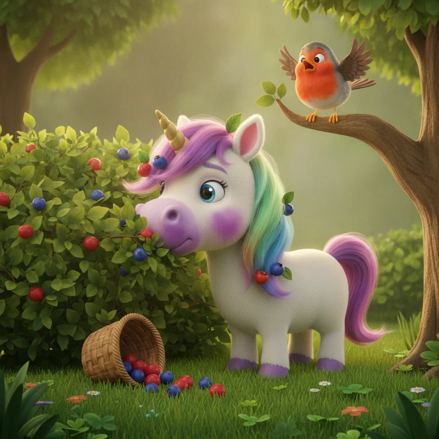 Dieses Ausmalbild zeigt ein niedliches Einhorn mit einer pastellfarbenen Mähne. Die Bereiche um die Beeren sind einfach zu kolorieren, während die Mähne eine spaßige Herausforderung bietet.