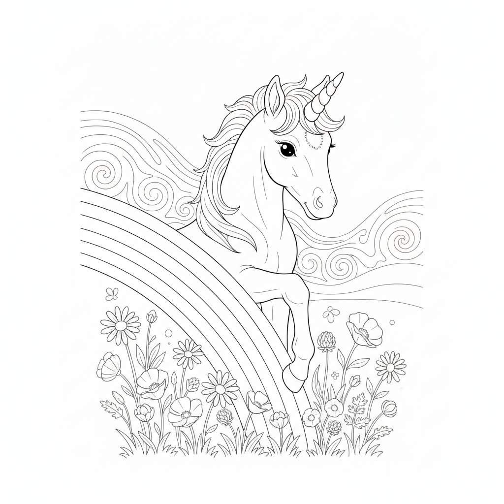 Licorne Curieuse Se Penchant Sur un Arc-en-Ciel — Coloriage licorne — Gratuit à Imprimer