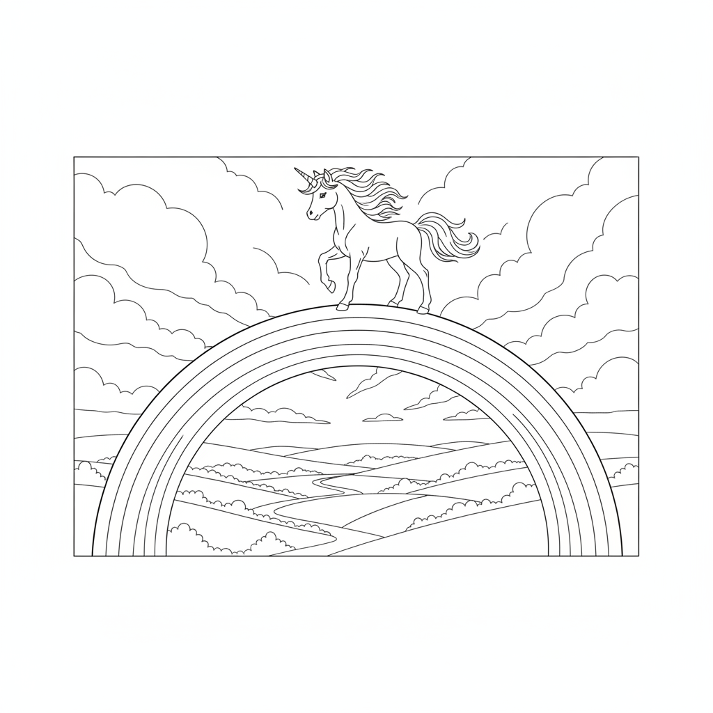 Whimsical Unicorn on a Rainbow — Free Coloring Page for Kids