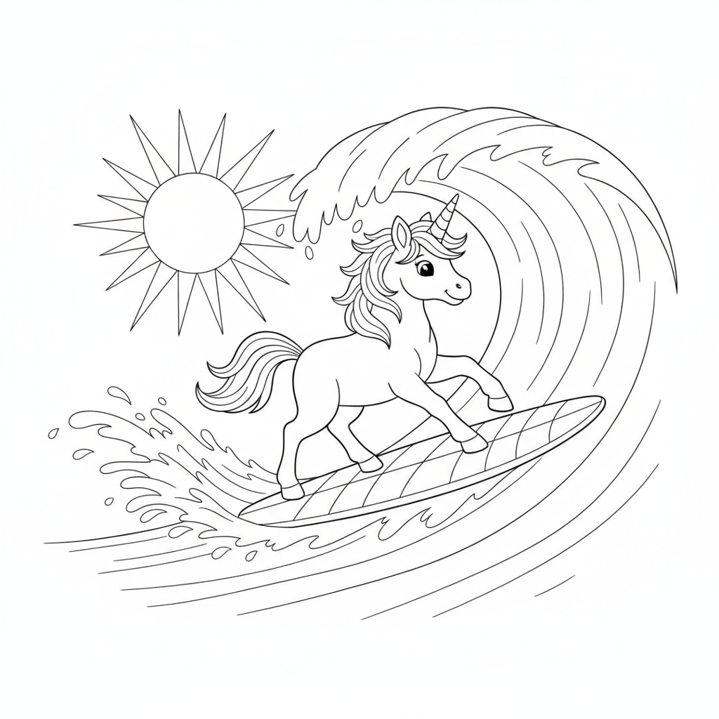 Unicornio Surfero en una Playa Soleada — Dibujos de Unicornio para Colorear — Gratis para Imprimir