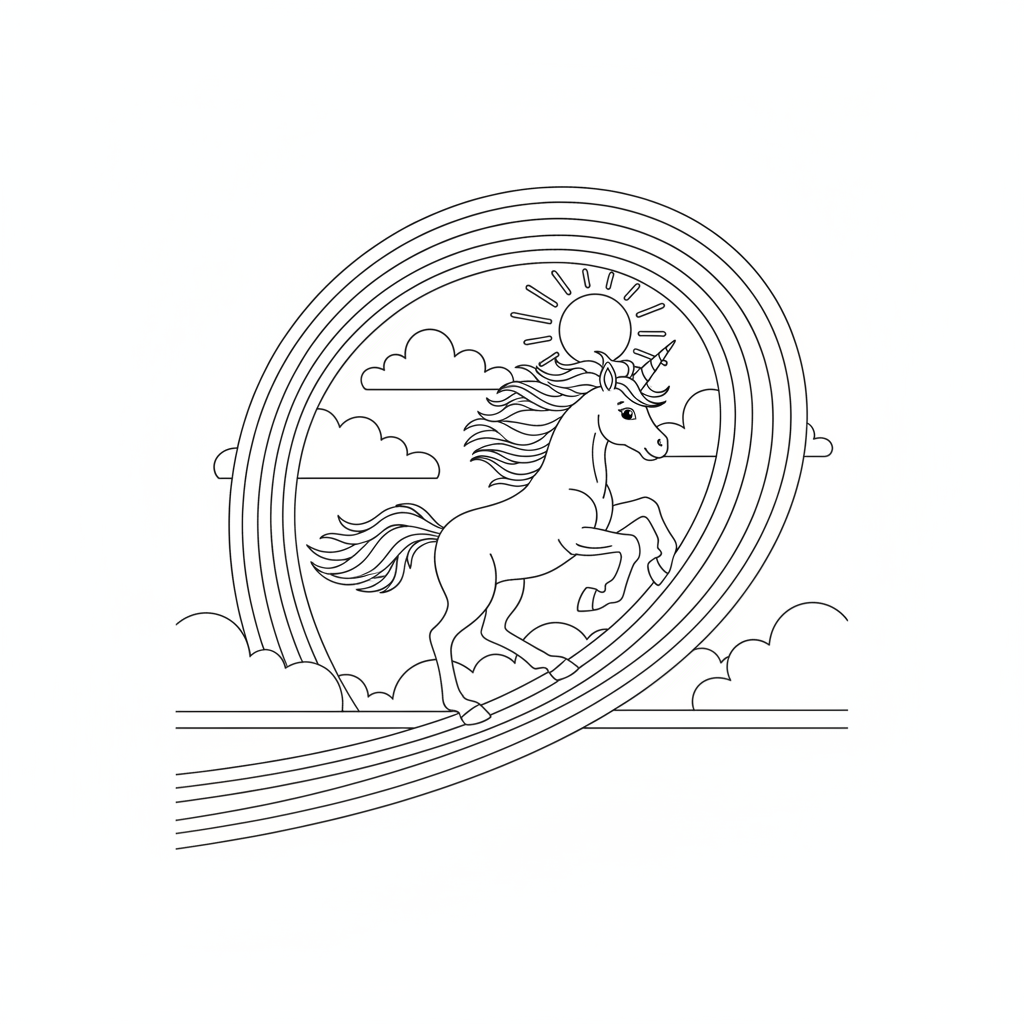 Fröhliches Einhorn Springt Durch einen Regenbogen — Einhorn Ausmalbild — Kostenlos Ausdrucken