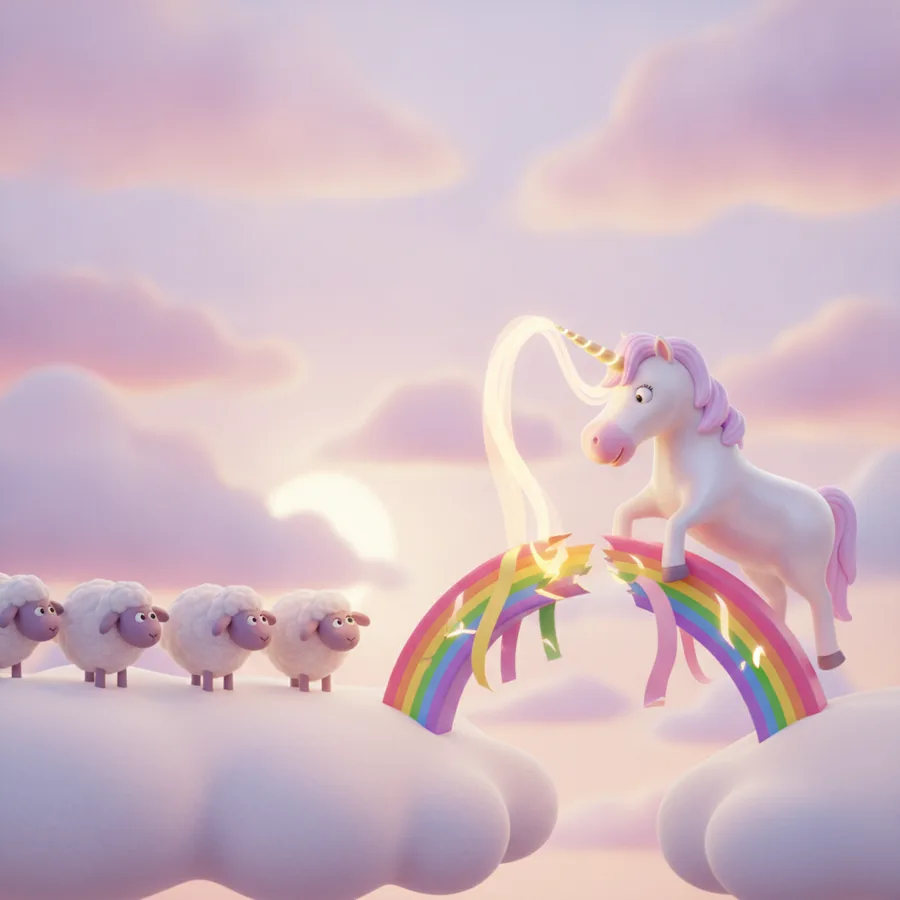 This coloring page features a playful unicorn leaping over a colorful rainbow. The fluffy cloud and smiling sheep make for easy coloring, while the intricate ribbons offer a fun challenge.