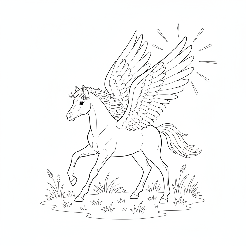 Poney Ailé Joyeux dans une Prairie — Coloriage Poney — Gratuit à Imprimer