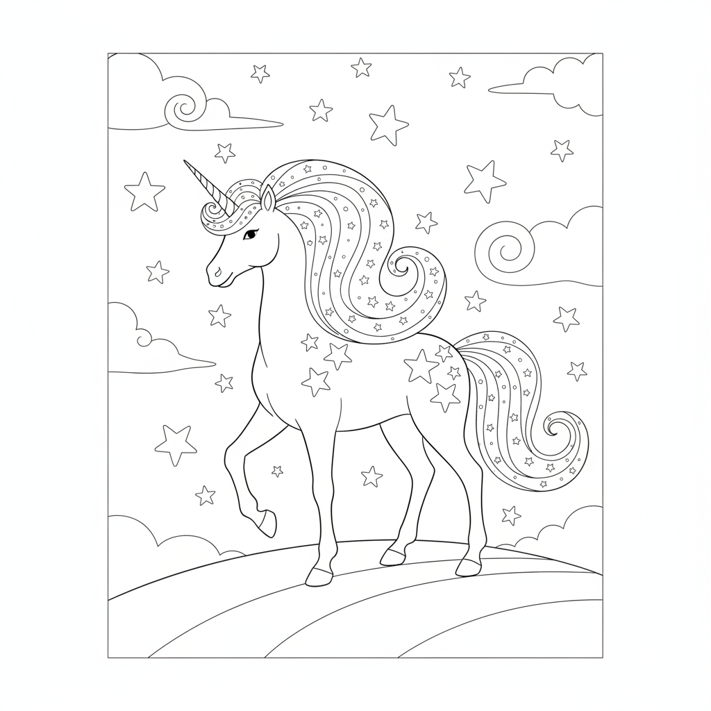 Galaxy Unicorn Night — Free Coloring Page for Kids coloring page