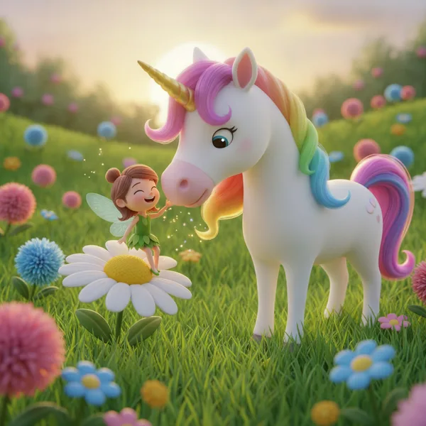 Hada Alegre con Unicornio en un Pradera Vibrante — Gratis para Imprimir