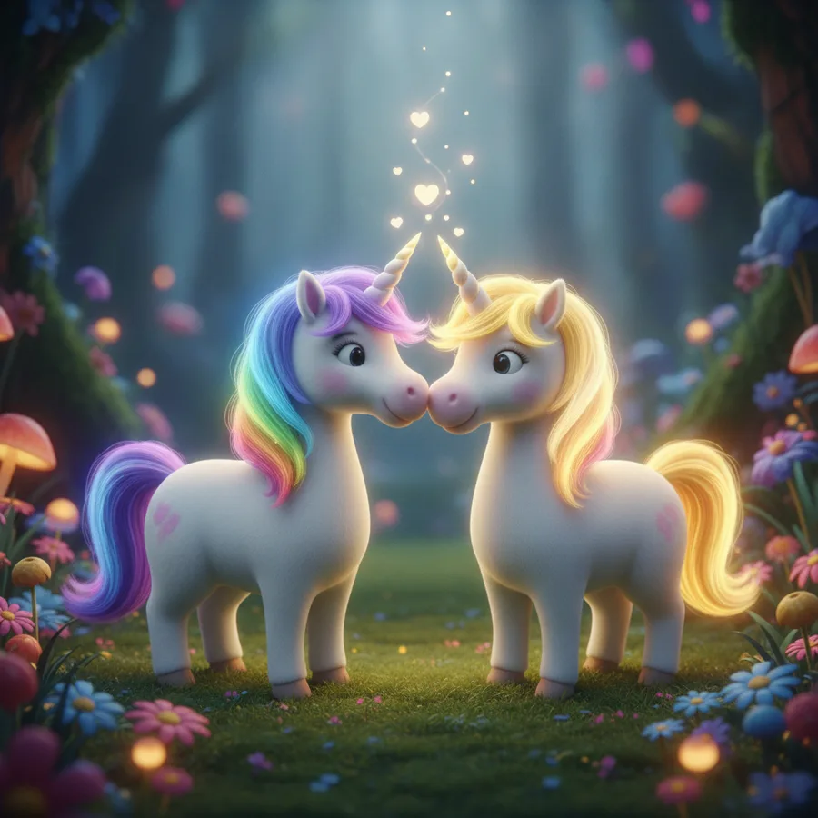 Dos Adorables Unicornio en un Bosque Mágico — Dibujos de Unicornio para Colorear — Gratis para Imprimir