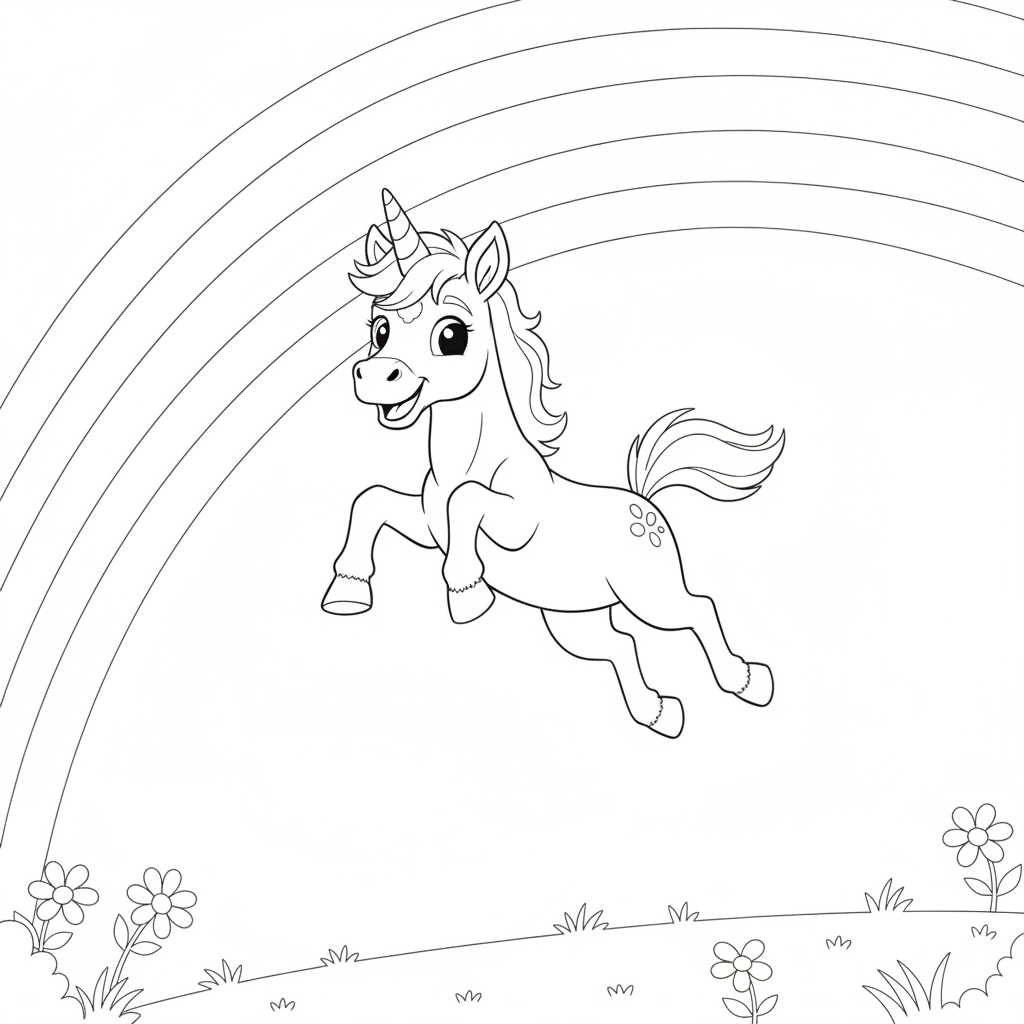 Fröhliches Einhorn Hängend an einem Regenbogen — Unicorn Ausmalbild — Kostenlos Ausdrucken
