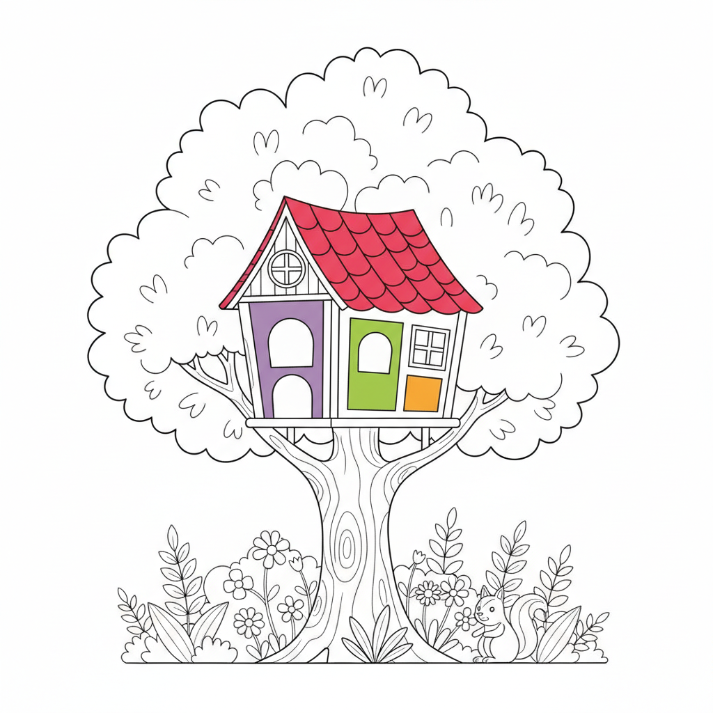 Rainbow Treehouse Adventure — Free Coloring Page for Kids coloring page