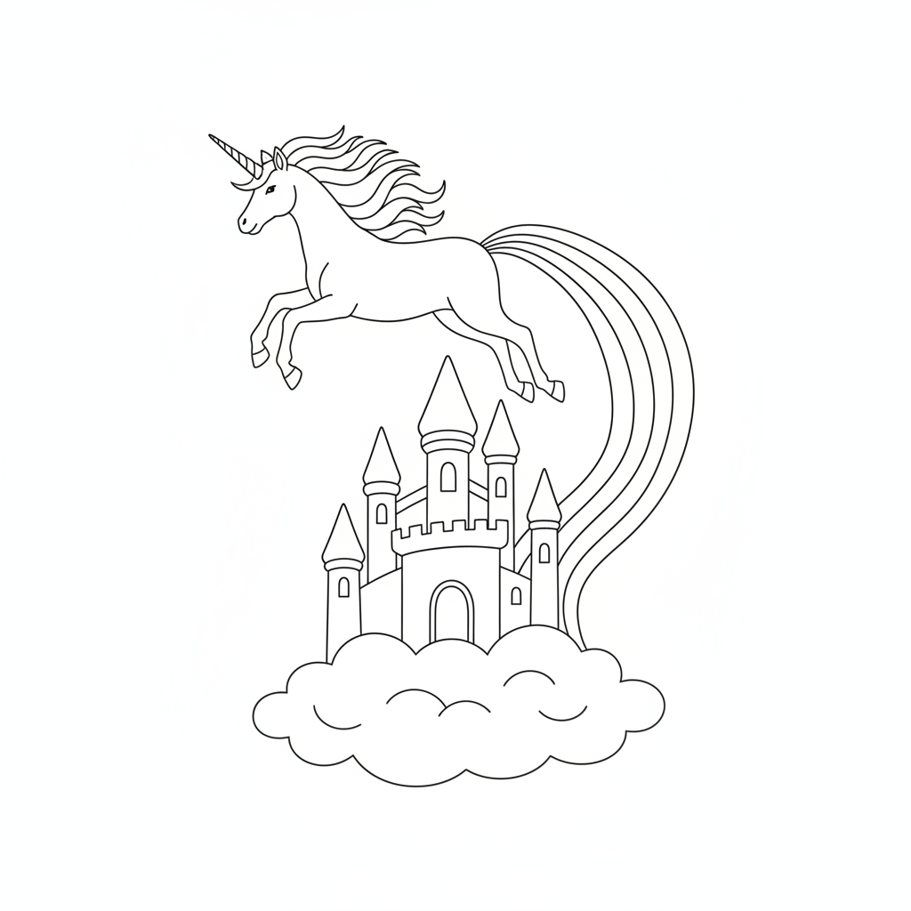 Whimsical Unicorn Leaping Above Pink Castle — Free Coloring Page for Kids coloring page