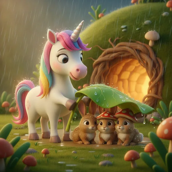 Unicornio Alegre con Conejos en la Lluvia — Dibujos de Unicornio para Colorear — Gratis para Imprimir