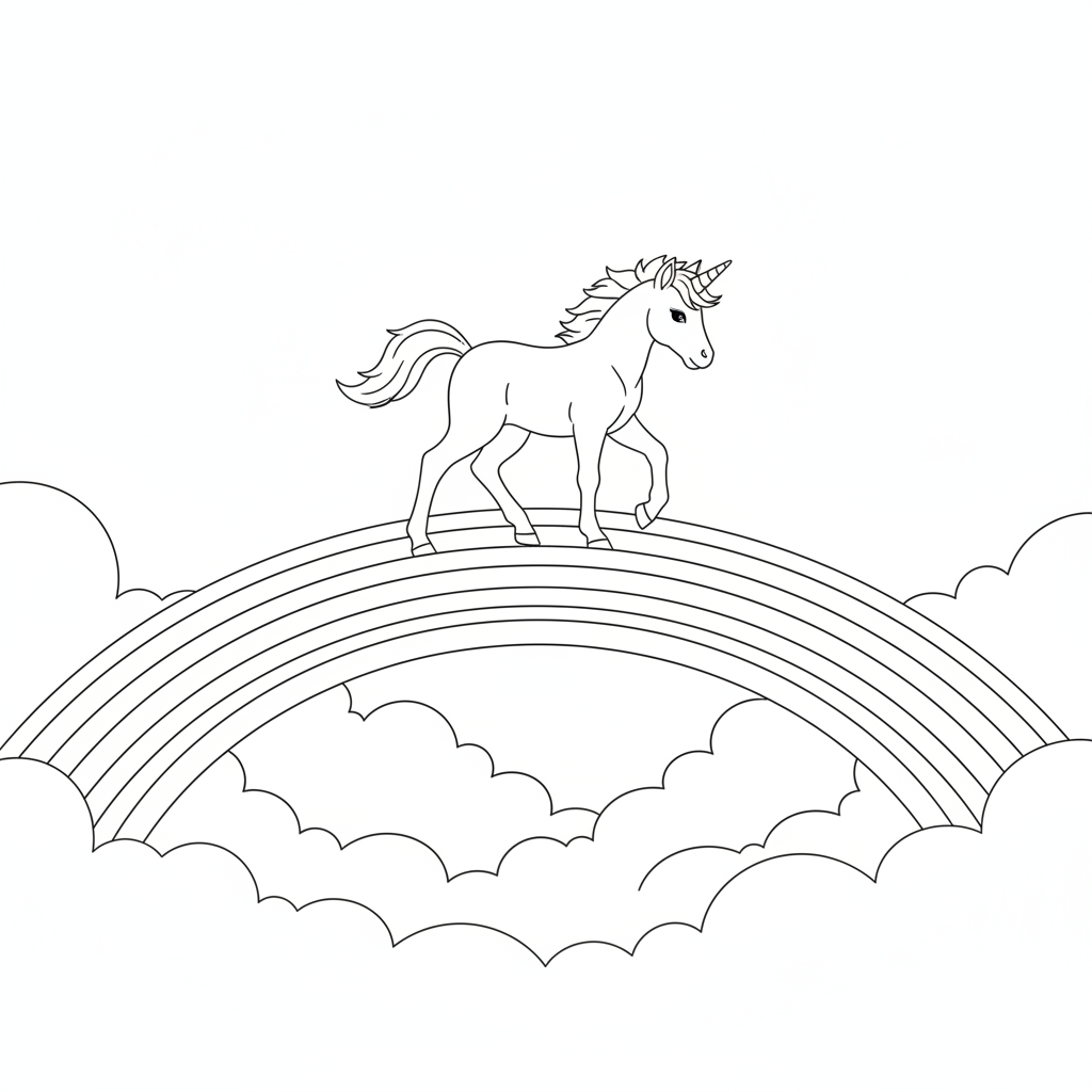 Licorne Enchantée sur un Arc-en-Ciel — Coloriage Licorne — Gratuit à Imprimer