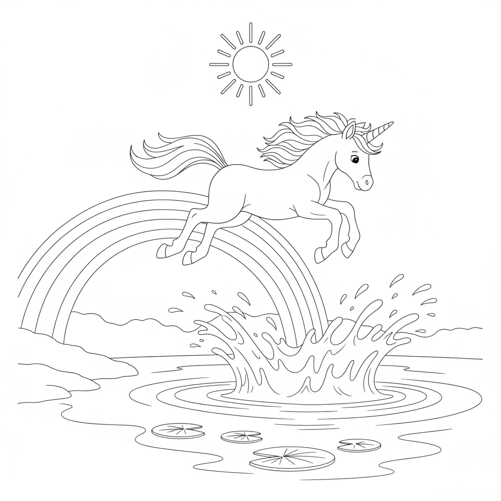 Whimsical Unicorn Leaping Over Rainbow — Free Coloring Page for Kids
