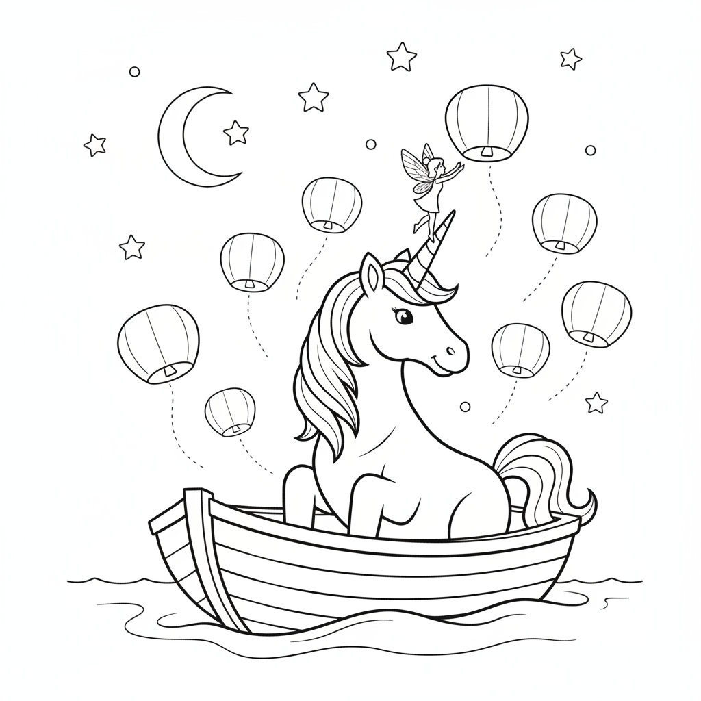 A Unicorn in a Boat Under Lanterns — Free Coloring Page for Kids