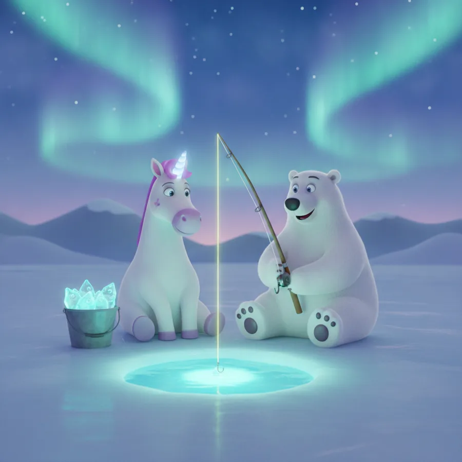 Cette page à colorier présente un ours polaire joyeux et une licorne fantaisiste pêchant dans un paysage enneigé. Les zones faciles comprennent le ciel et la neige, tandis que les personnages offrent un défi amusant avec leurs détails.