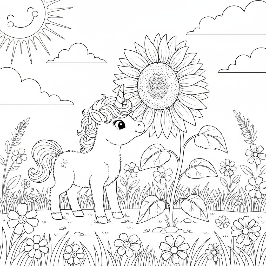Playful Unicorn and Sunflower — Free Printable Coloring Page for Kids coloring page