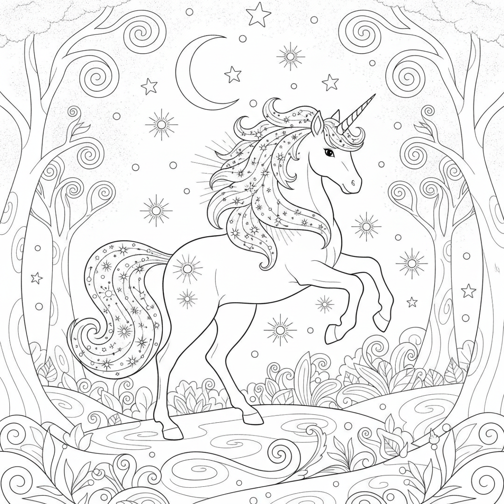 Whimsical Blue Unicorn in a Magical Forest — Free Coloring Page for Kids coloring page