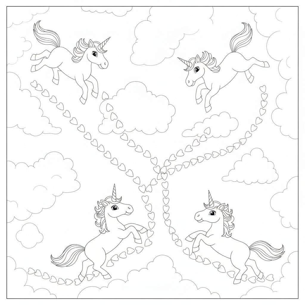 Whimsical Unicorns Galloping Among Clouds — Free Coloring Page for Kids