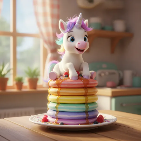 Cute Unicorn with Rainbow Pancakes — Free Coloring Page for Kids