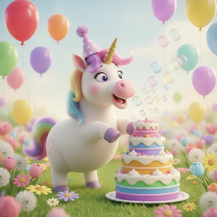 This coloring page features a cheerful unicorn with a party hat blowing bubbles. The large areas of the cake are easy to color, while the flowers offer a fun challenge.