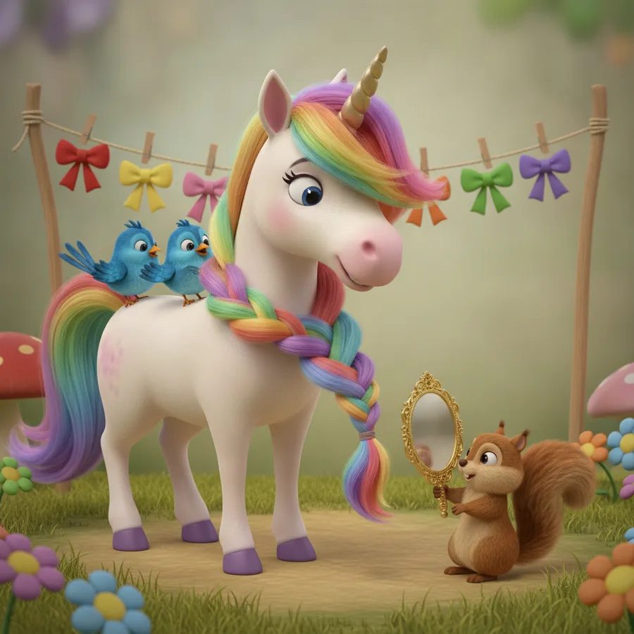 This coloring page features a whimsical unicorn with a rainbow mane, making it fun to add vibrant colors. The easy areas include the bows and clouds, while the braided tail presents a little challenge.