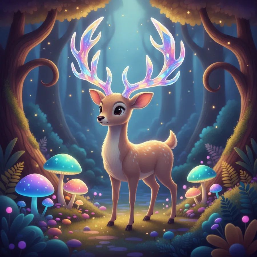 This coloring page features a charming deer with vibrant antlers surrounded by colorful mushrooms. The large areas of the deer are easy to color, while the intricate forest details offer a fun challenge.