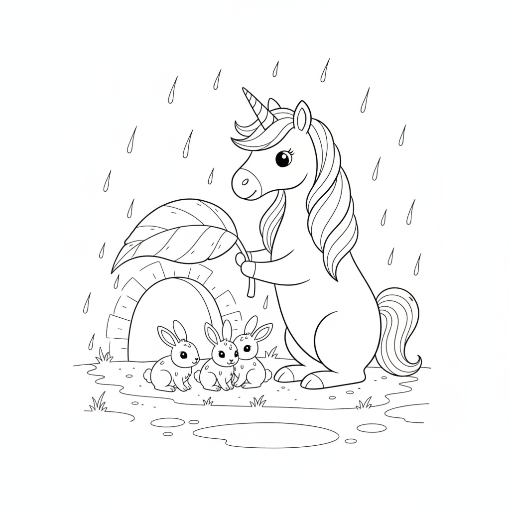 Cheerful Unicorn with Rabbits in Rain — Free Coloring Page for Kids