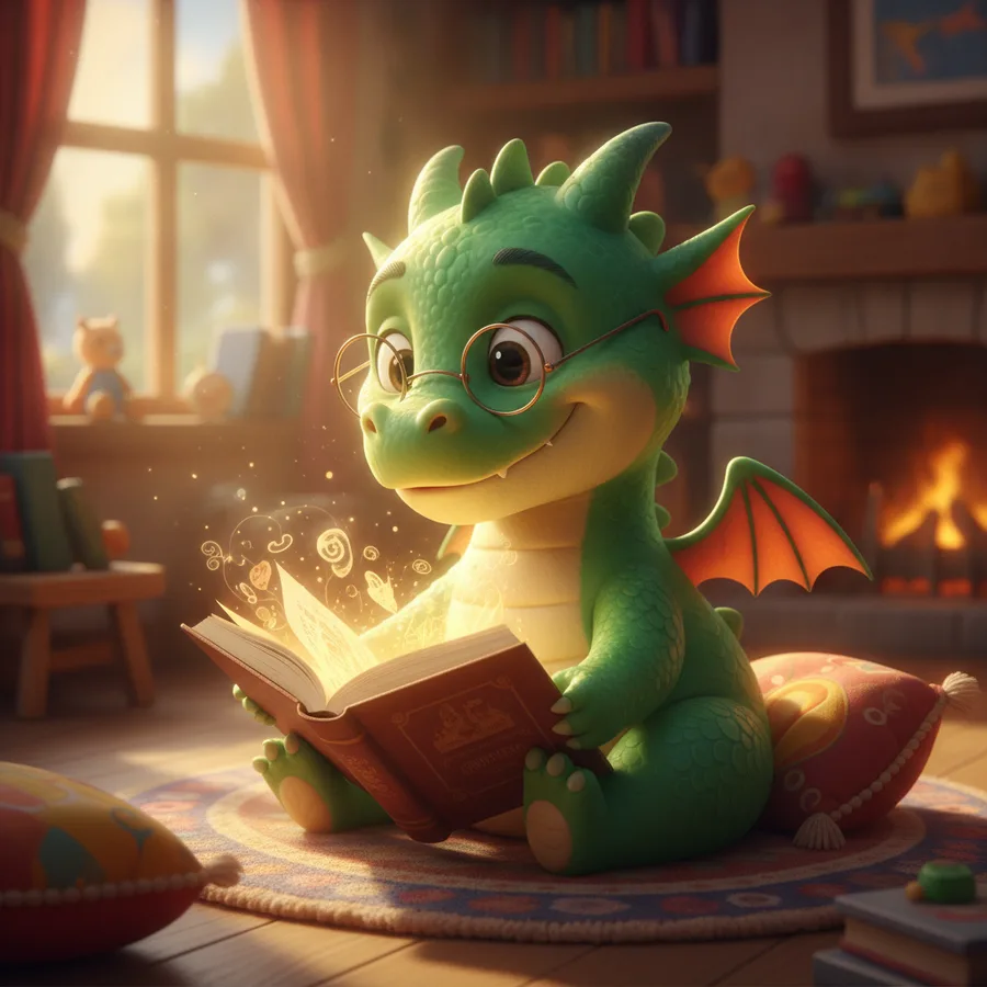 Esta página para colorear presenta un encantador dragón verde con alas naranjas. Los niños disfrutarán coloreando la chimenea acogedora y el libro brillante, con áreas fáciles como la alfombra y detalles desafiantes en las estanterías.
