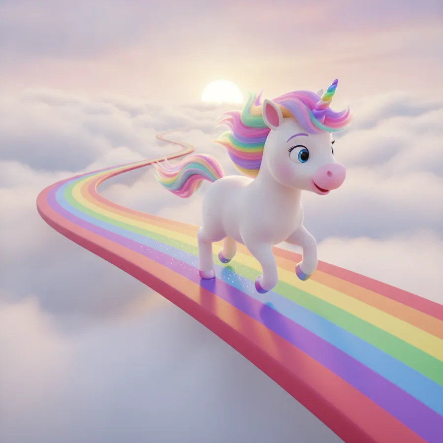 Diese Ausmalseite zeigt ein fröhliches Einhorn, das entlang eines bunten Regenbogenwegs galoppiert. Die fluffigen Wolken und der sanfte Pastellhimmel bieten einfache Bereiche zum Ausmalen, während die filigranen Details der Mähne eine spannende Herausforderung darstellen.