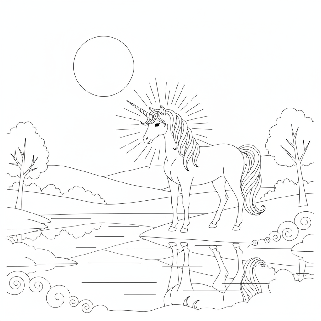 Magical unicorn by a serene lake — Free Coloring Page for Kids coloring page