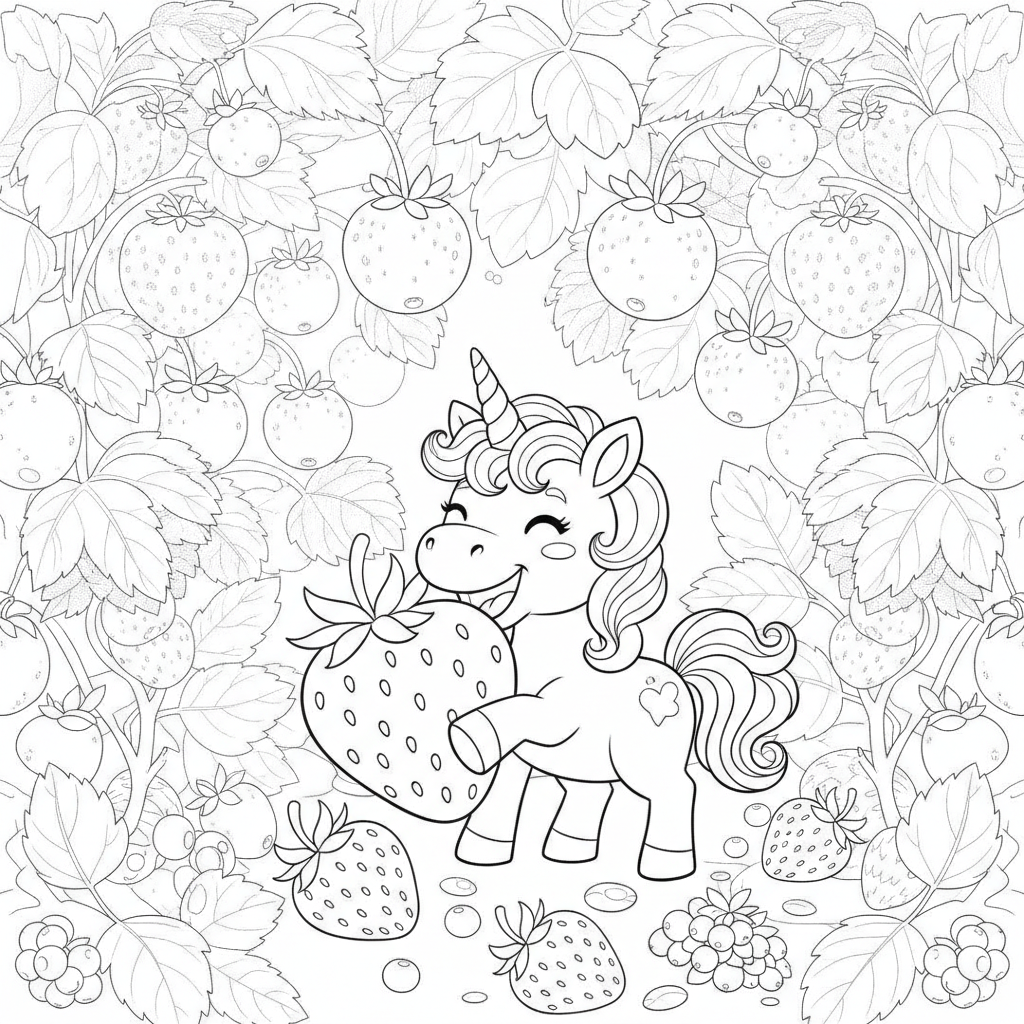 A cute unicorn playing with a strawberry — Free Coloring Page for Kids coloring page