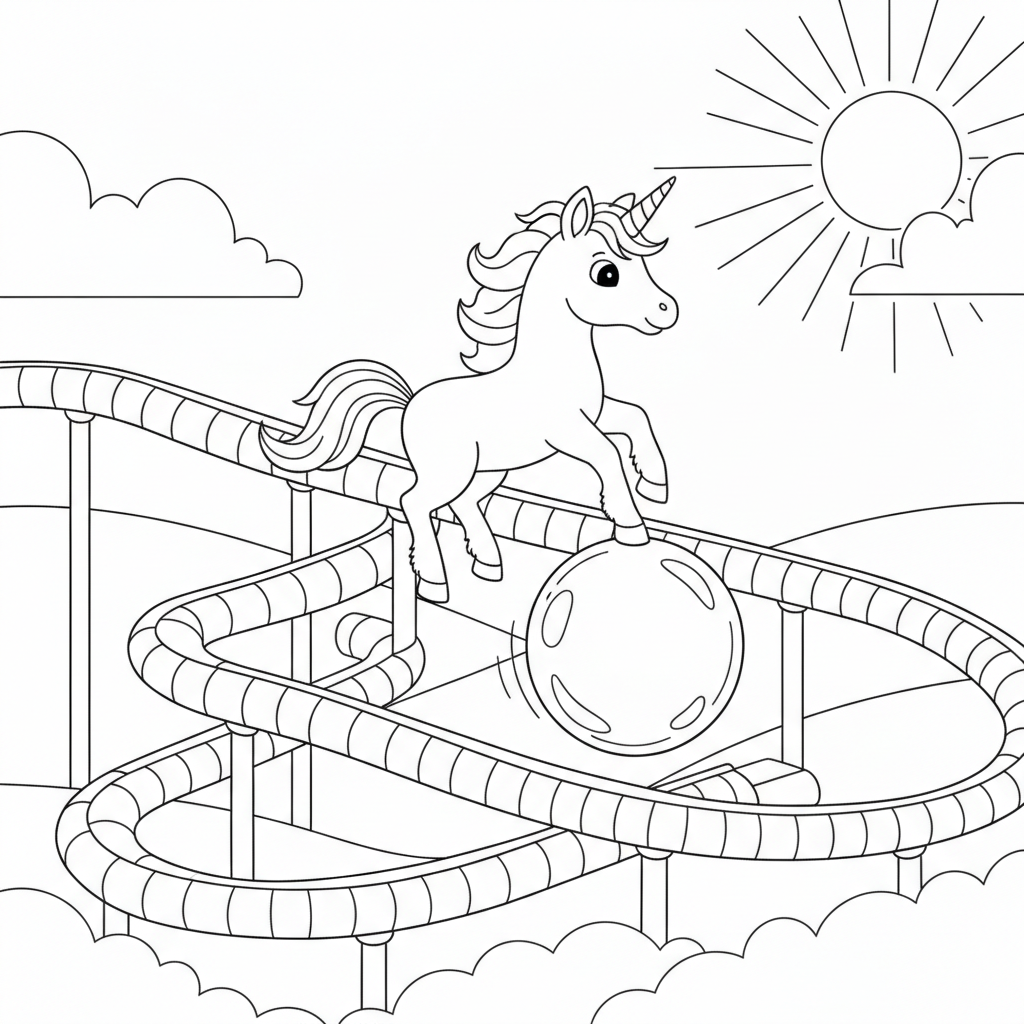 Verspieltes Einhorn auf einer Buntes Rutsche — Einhorn Ausmalbild — Kostenlos Ausdrucken