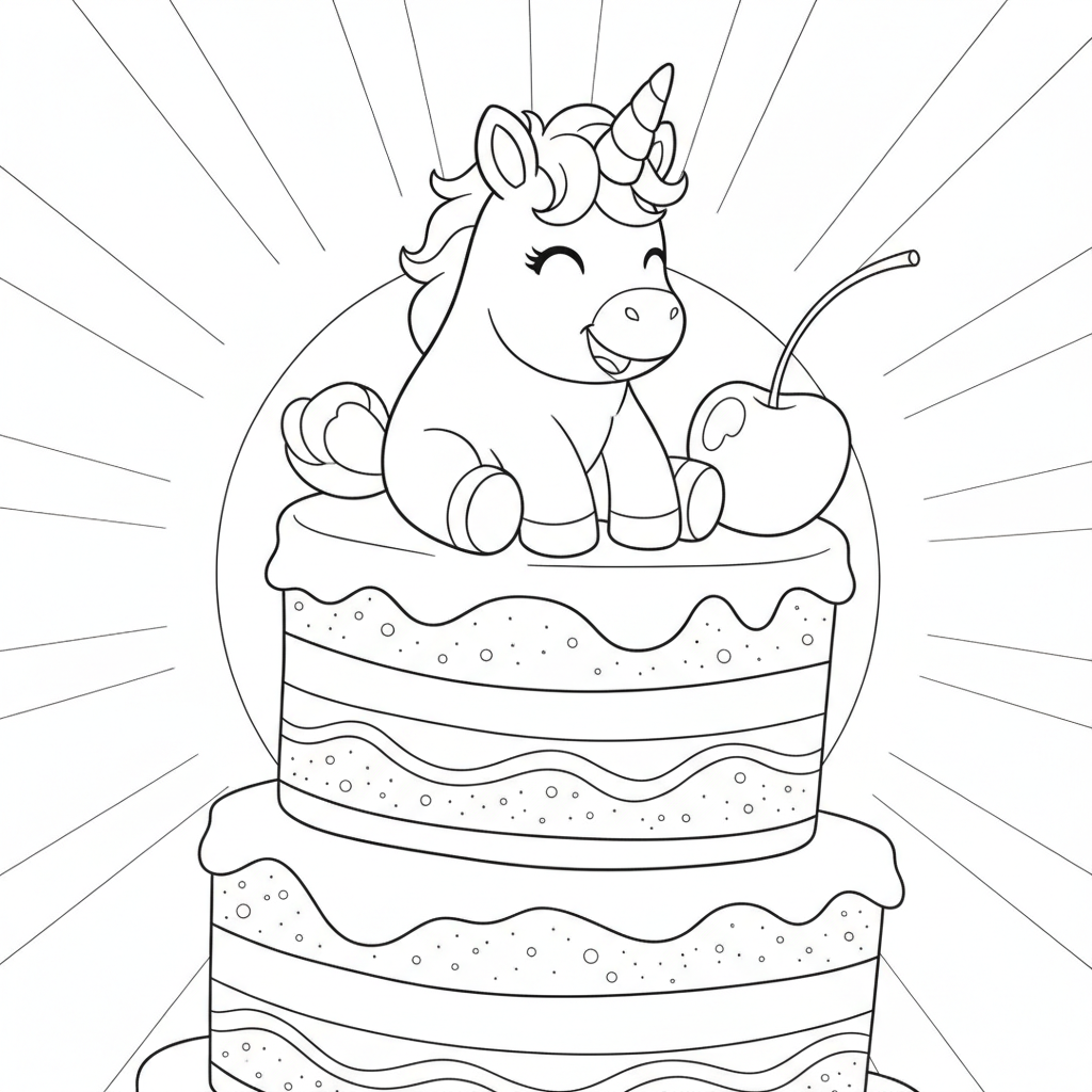 Cute Unicorn on a Rainbow Layer Cake — Free Coloring Page for Kids