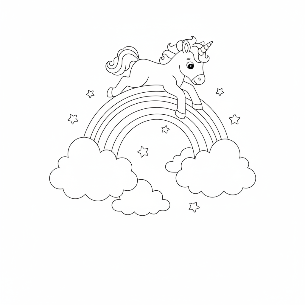 Cute Unicorn on a Rainbow — Free Coloring Page for Kids