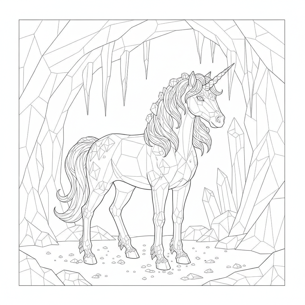Crystal Unicorn Cave — Free Printable Coloring Page for Kids coloring page