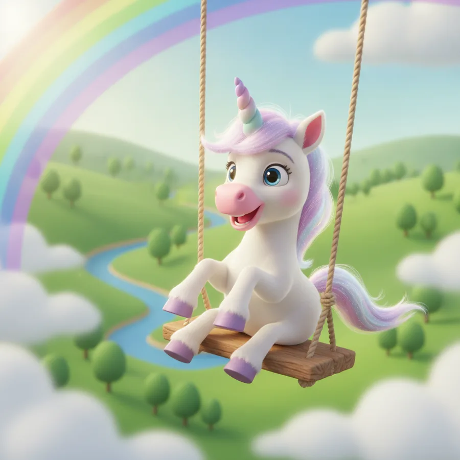 Esta página para colorear presenta un unicornio alegre en un columpio, con áreas fáciles como el cielo y las colinas. Los detalles del unicornio ofrecen un desafío divertido.