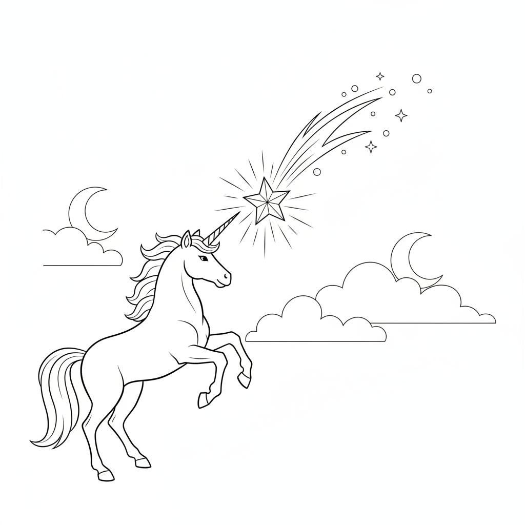 Whimsical Unicorn on Pink Clouds — Free Coloring Page for Kids