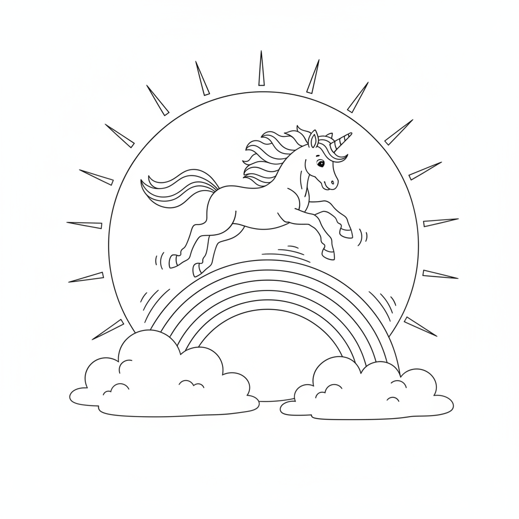Cheerful Unicorn Leaping Over a Rainbow — Free Coloring Page for Kids