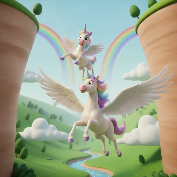 Unicornios alados en un paisaje brillante — Dibujos de Unicornios para Colorear — Gratis para Imprimir