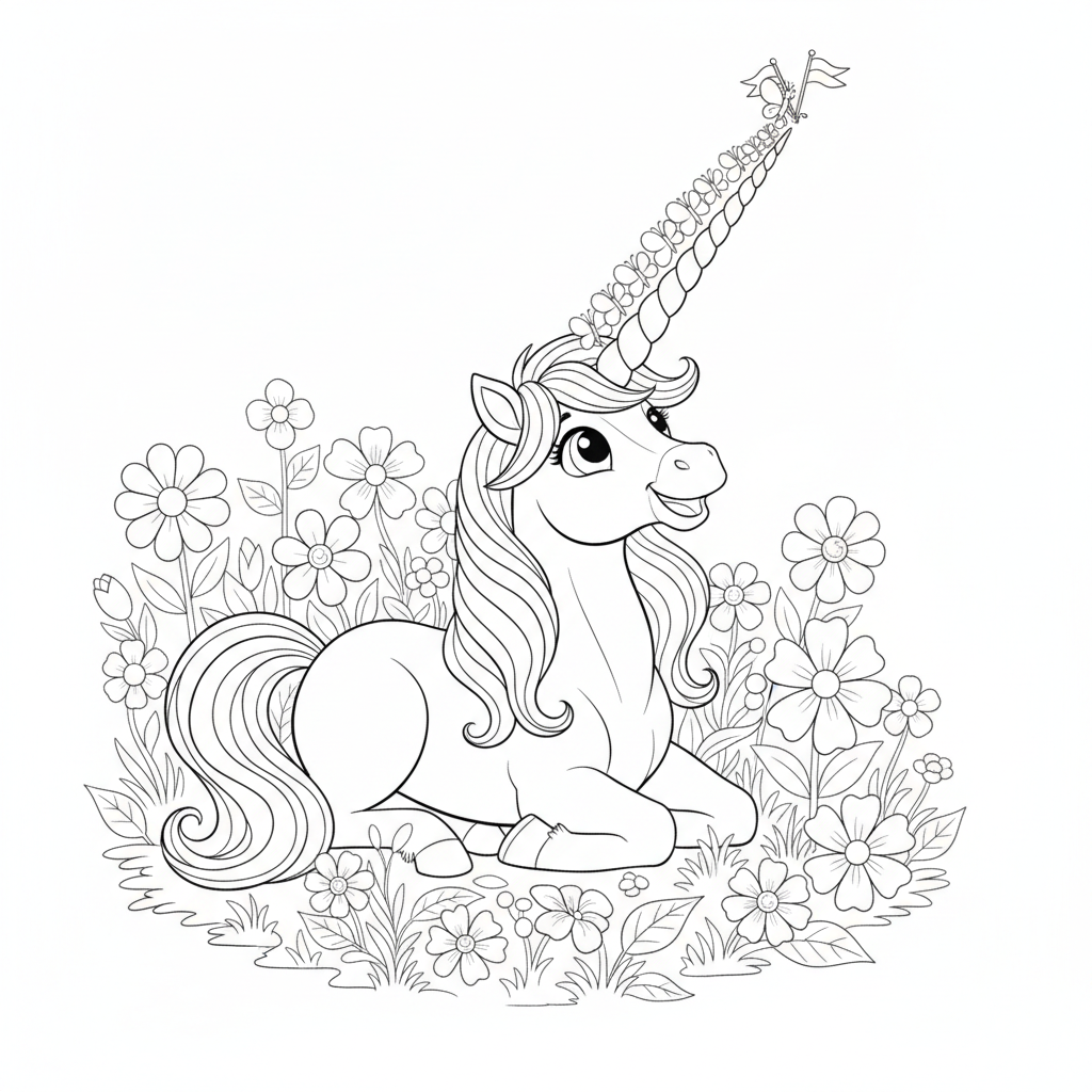 Lebendige Wiese mit einem Fröhlichen Einhorn — Einhorn Ausmalbild — Kostenlos Ausdrucken