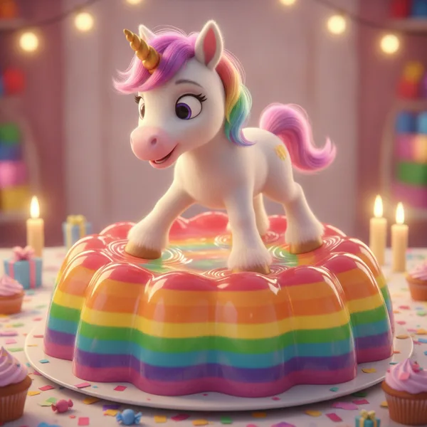 Cheerful Unicorn on Rainbow Jelly Dessert — Free Coloring Page for Kids