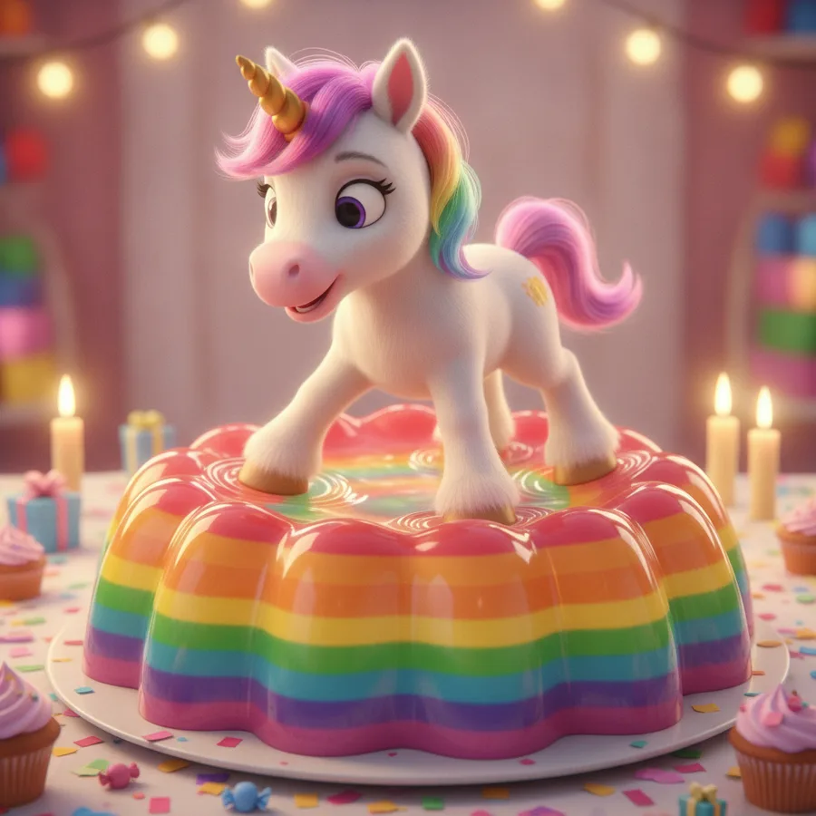 This coloring page features a cheerful unicorn on a vibrant jelly dessert, making it fun for kids to fill with colors. The soft areas like the jelly and cupcakes are easy, while the confetti adds a fun challenge.