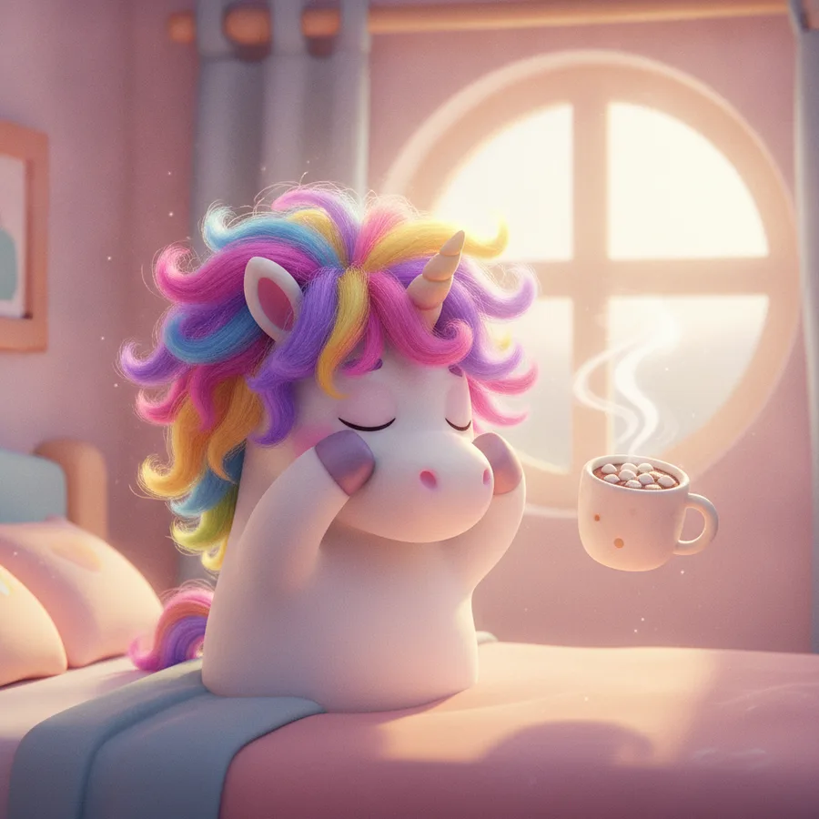 Dieses niedliche Einhorn in einem gemütlichen Schlafzimmer hat große Bereiche, die leicht auszumalen sind, wie seine farbenfrohe Mähne und die Tasse. Die komplizierten Details der Marshmallows bieten eine unterhaltsame Herausforderung!