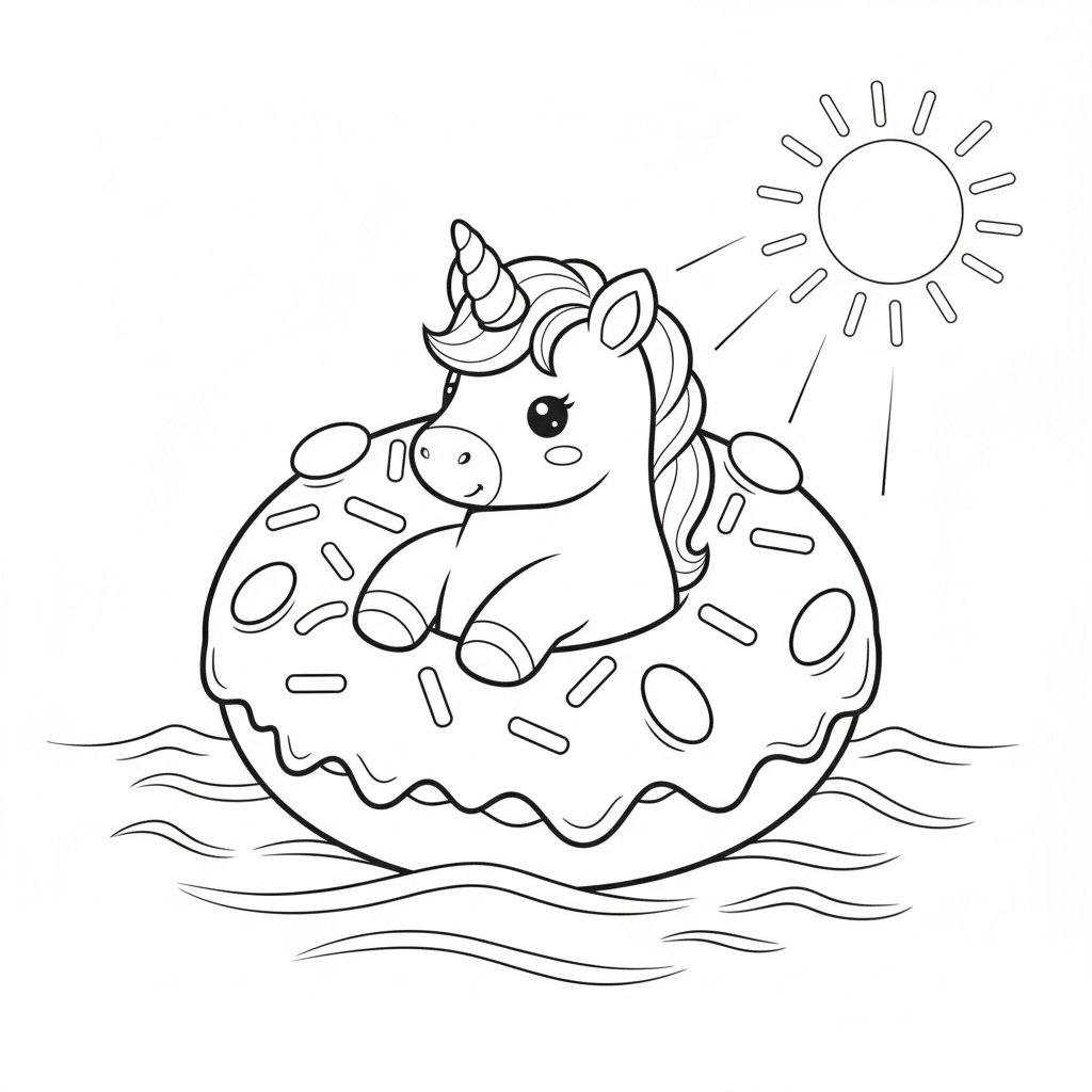 Cute Unicorn in Rainbow Donut Float — Free Coloring Page for Kids