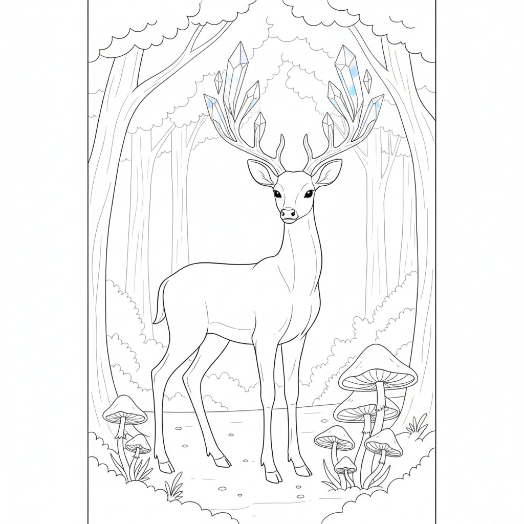 Charming Deer in a Mystical Forest — Free Coloring Page for Kids