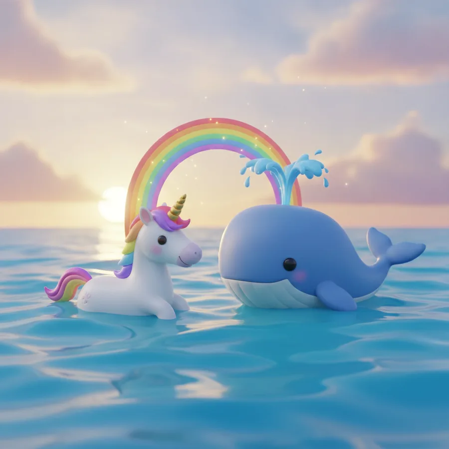 This coloring page features a whimsical unicorn and a friendly blue whale in a serene ocean. The large areas of the ocean and sky are easy to color, while the intricate details of the rainbow add a fun challenge.