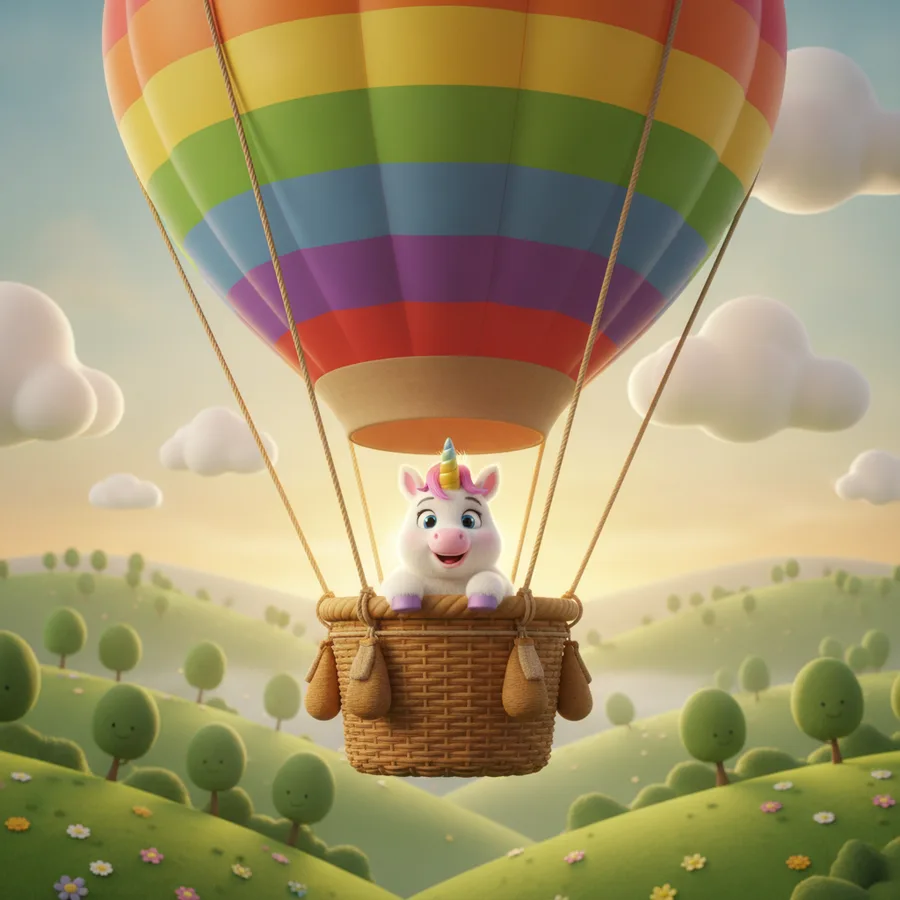 Dieses Ausmalbild zeigt ein bezauberndes Einhorn in einem Heißluftballonkorb, umgeben von lächelnden Bäumen und bunten Blumen. Die großen Bereiche sind einfach für die Kleinsten, während die detaillierten Elemente in der Mähne des Einhorns eine lustige Herausforderung bieten.
